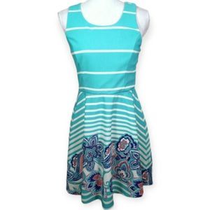 AS U WISH TURQUOISE & WHITE STRIPE & FLORAL DRESS SZ.L EUC.